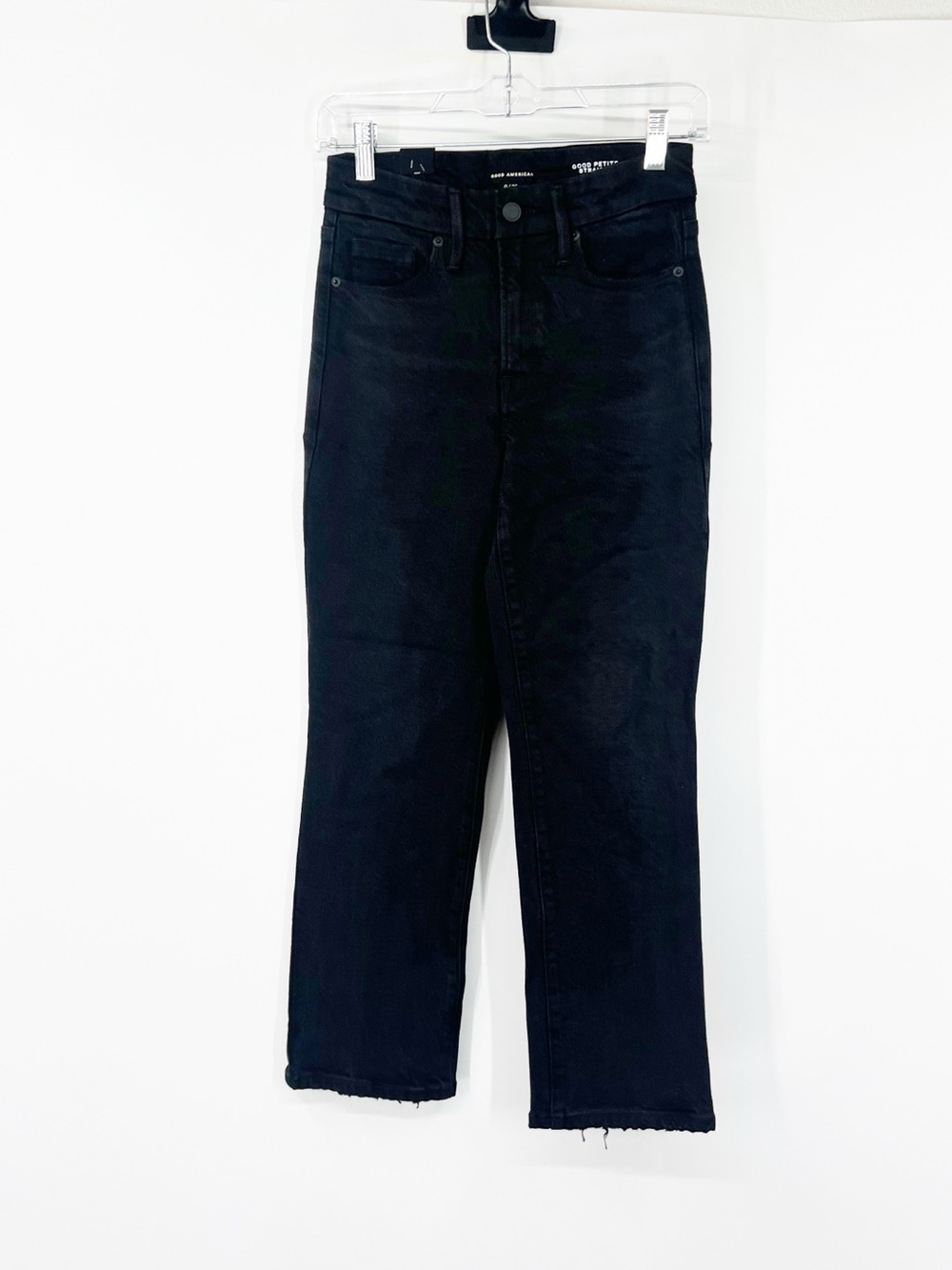 Good American Good Petite Mid-Rise Straight Jeans Darted Back Pockets Black NEW